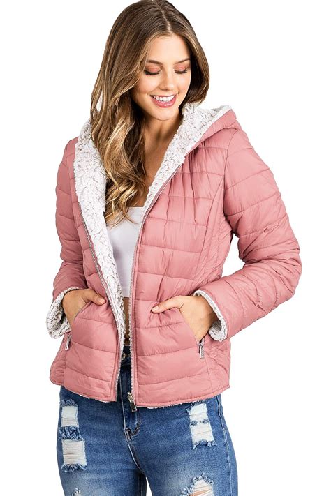Love Tree Womens Juniors Reversible Sherpa Puffer Outerwear Jacket