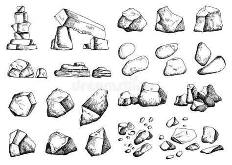 Stones Different Set Of Sketch Hand Drawing Vector Illustration Stock
