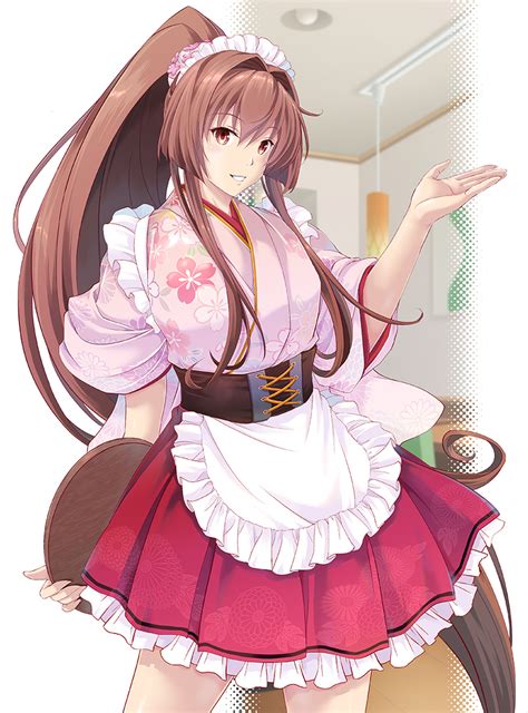 safebooru 1girl alternate costume apron blush breasts brown hair cherry blossoms dress