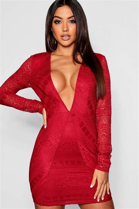 Lace Plunge Long Sleeve Bodycon Dress Long Sleeve Bodycon Dress Long