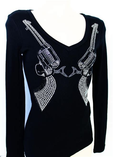 Badass Cowgirl Black Long Sleeve Rhinestone And Studded Pistol Ribbed Top