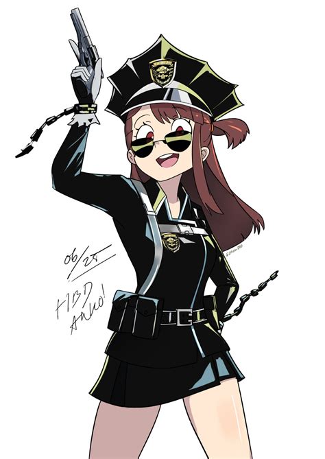 Safebooru 1girl Absurdres Brown Hair Chain Company Connection Diooksan Glasses Gun Hat Highres