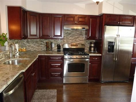 Kitchen mahogany kitchen cabinets i like the dark wood lighter. appliances, granite counter tops, tile back splash ...