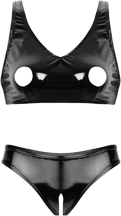 Tiaobug Womens Sexy Patent Leather Halter Neck Cut Out Cups Bra Top