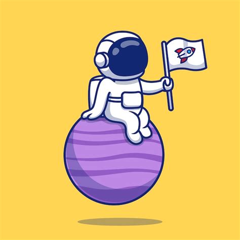 Premium Vector Cute Astronaut Sitting On Planet Holding Flag Cartoon