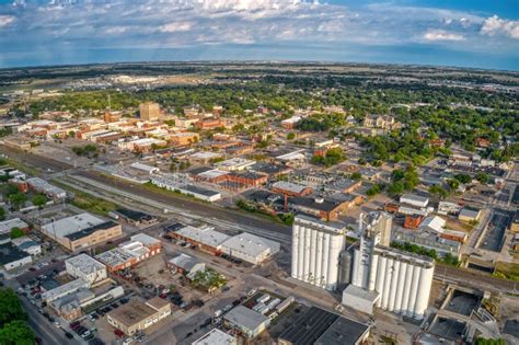 Aerial View Of Downtown Grand Island Nebraska During Summer Stock