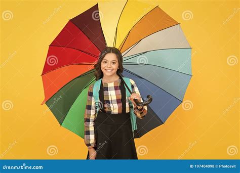 Cheerful Smiling Schoolgirl Rainy Day Fun Happy Walk Under Umbrella