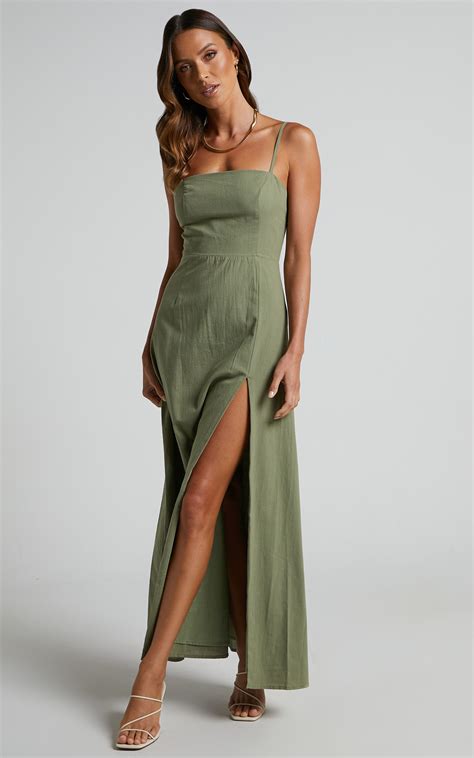 Marsha Midaxi Dress High Split Slip Dress In Khaki Showpo Usa