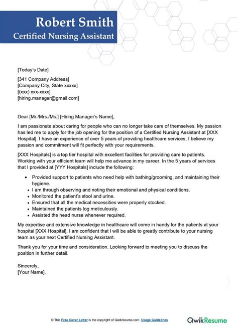 Certified Nursing Assistant Cover Letter Examples Qwikresume