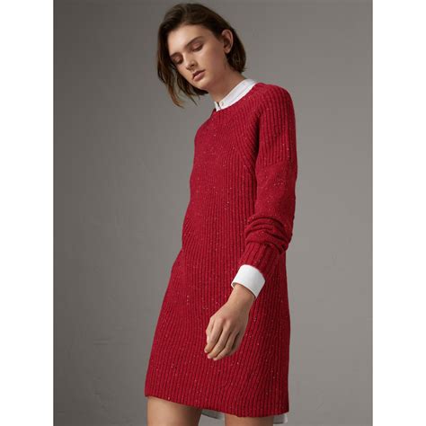 Rib Knit Wool Cashmere Mohair Sweater Dress In Coral Red Women