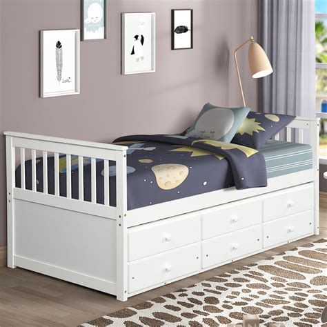 New White Twin Bed Frame With Drawers Kids Captains Bed With Trundle