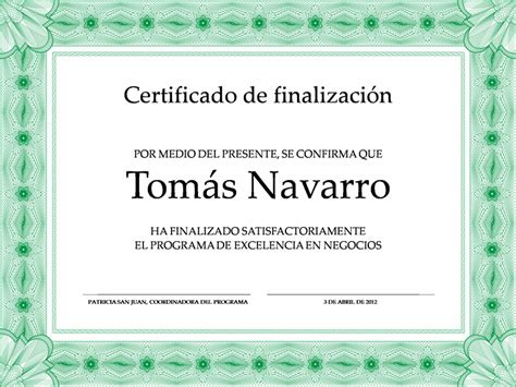 Certificado De Participación Verde Certificate Of Completion
