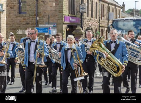 Brass Bands Marching On The Street At The Uppermill Whit Friday Contest