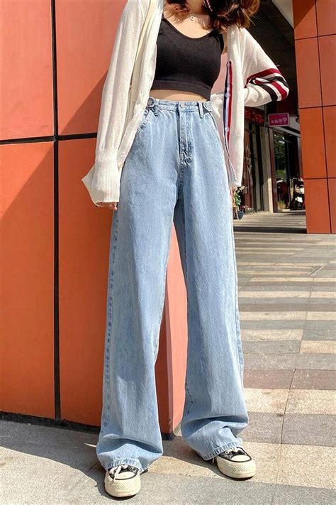 Women High Waist Wide Leg Denim Jeans Pants Outfit Looks Korean