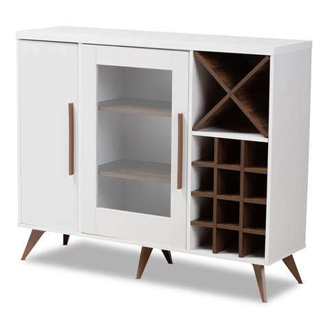 Spacious brown wooden wine cabinet with drop down storage and double door cabinet. Baxton Studio Pietro Mid-Century Modern White and Brown ...