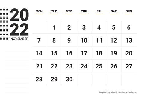 November 2022 Printable Calendar Blank Calendar Templates Bordio