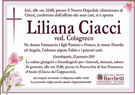 Ospite di domenica in, cristiana ciacci, la figlia del cantante little tony, ha ripercorso la sua vita, raccontando a mara venier il rapporto con il padre e la sua infanzia difficile. I necrologi » Onoranze Funebri Bacchetti - Guardiagrele (CH)