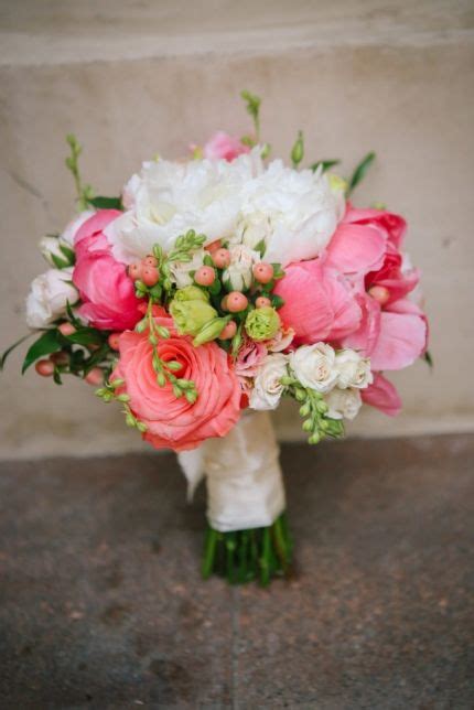 White & green bouquet & bout inspiration? Bright pink, coral, white, and green wedding bouquet ...