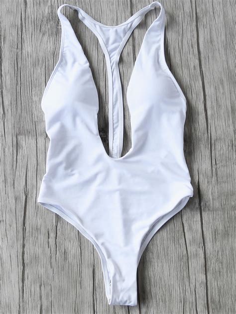 Shop White Plunge Neck One Piece Swimwear Online Shein Offers White