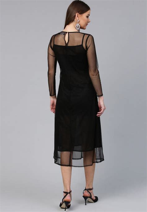 Embroidered Net Midi Dress In Black Tve479