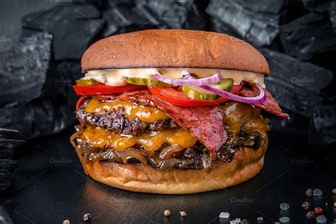 Double Burger With Beef Steak Cheda High Quality Food Images