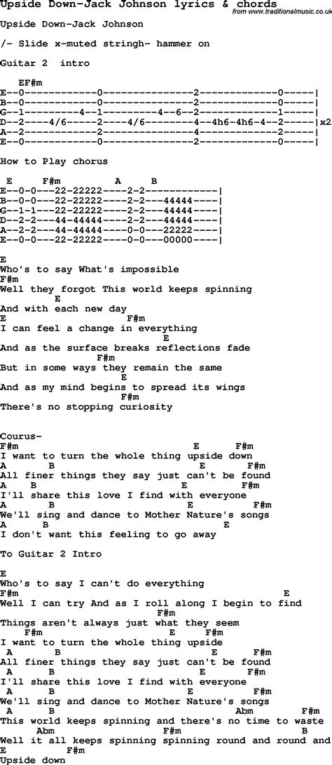 Love Song Lyrics For Upside Down Jack Johnson With Chords