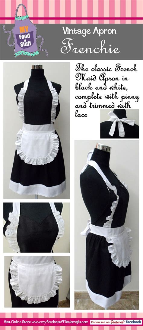the classic french maid apron in black and white complete with pinny and trimmed with lace