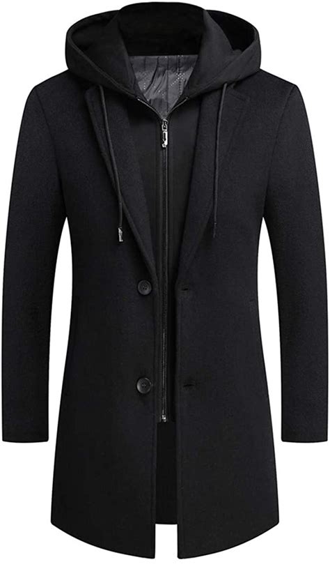 Manandjenensy Mens Hooded Wool Jacket Long Windproof Wool Coat Casual