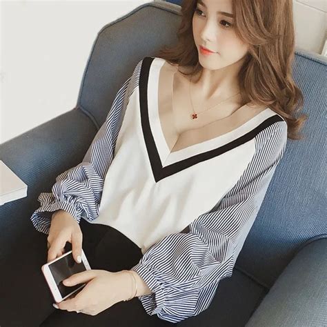 Autumn Women Blouses Striped Patchwork Tops Female V Neck Lantern