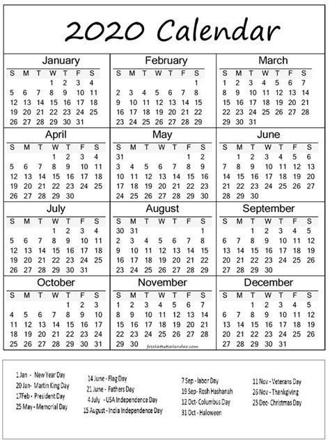 Printable 2020 Calendar With Federal Holidays All Month Calendar Usa