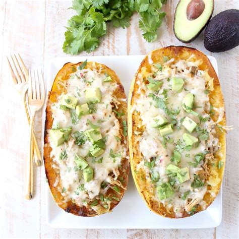 Green Chili Chicken Is Stuffed In Roasted Spaghetti Squash And Topped