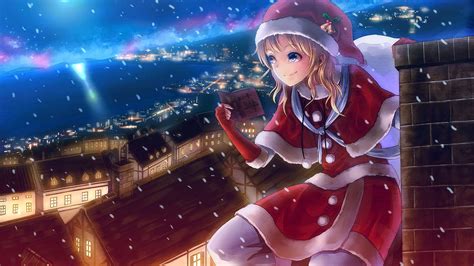 Wallpaper Blonde Looking Away Anime Girls Blue Eyes Short Hair Hat Smiling Christmas