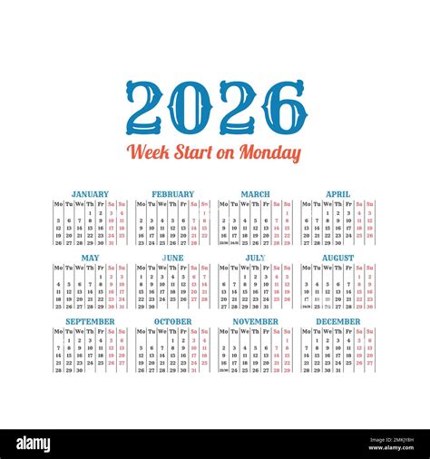 2026 Vintage Vector Calendar Template Weeks Start On Monday Stock