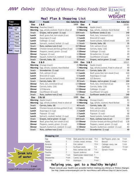 1000 Calories 10 Day Paleo Diet With Shoppong List Printable Menu