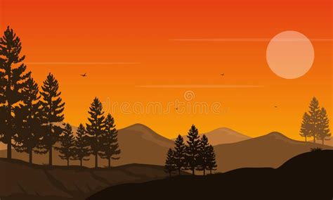 Fantastic Forest And Mountain Views At Sunset Vector Illustration