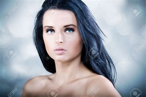 Beautiful Young Woman With Long Black Hair And Blue Eyes Long Black