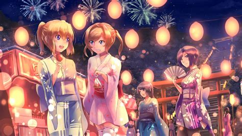 Download Wallpaper 1366x768 Girls Girlfriends Kimono Holiday Anime