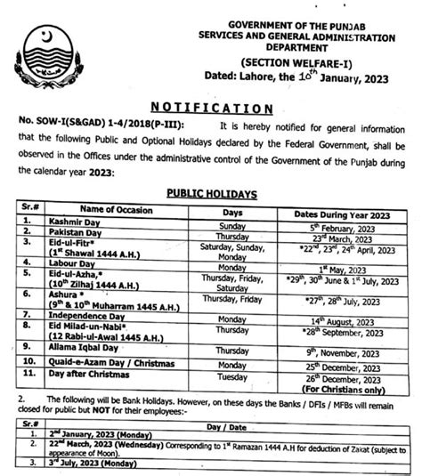 Schedule Of Public Holidays 2023 In Punjab