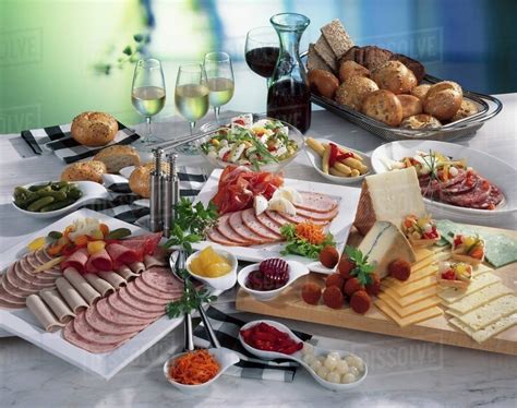 Cold Buffet Cold Cut Platter Cheese Salad Bread Wine Stock