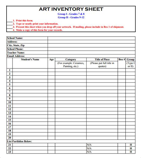 Inventory Sheet Template 9 Free Samples Examples Format