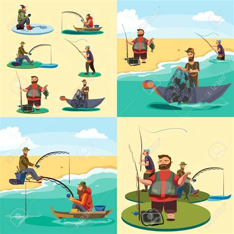 Conjunto De Pescador De Dibujos Animados Pescadores Pescador Sentado