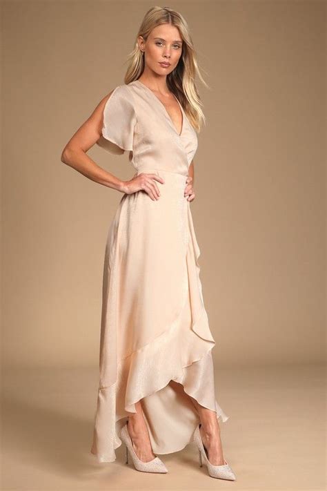 Light Peach Maxi Dress Ruffled Maxi Dress Brushed Satin Dress