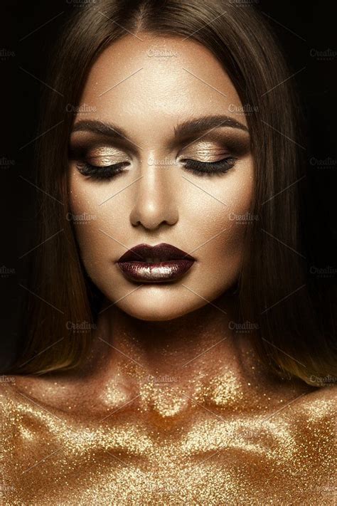 Beautyful Girl With Gold Glitter On Her Face Glitter Makeup Looks