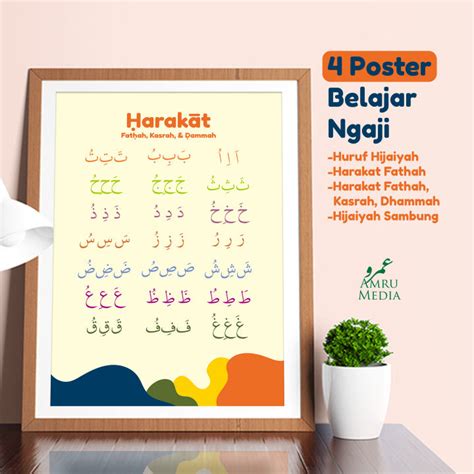 Poster Hijaiyah Harakat Fathah, Kasrah, Dhammah, Anak Mudah Belajar