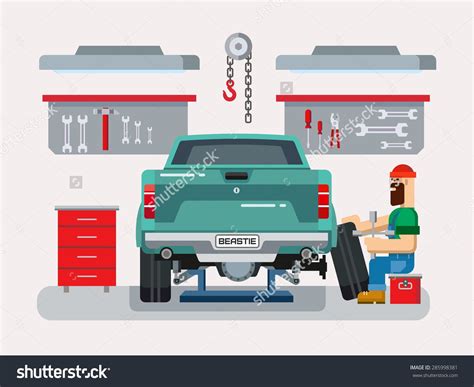 Auto Mechanic Fixing Car In Auto Repair Garage Flat Vector Illustration