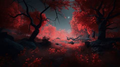 A Painting Of A Red Forest At Night With A Full Moon Stock Illustration