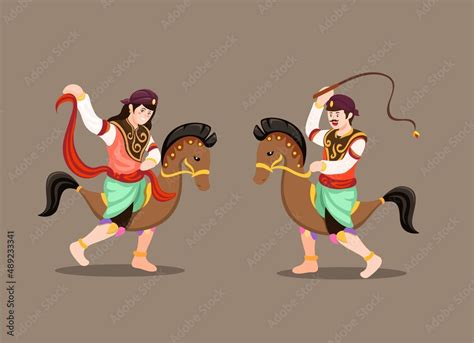 Kuda Lumping Indonesian Traditional Dance Cartoon Illustration Vector