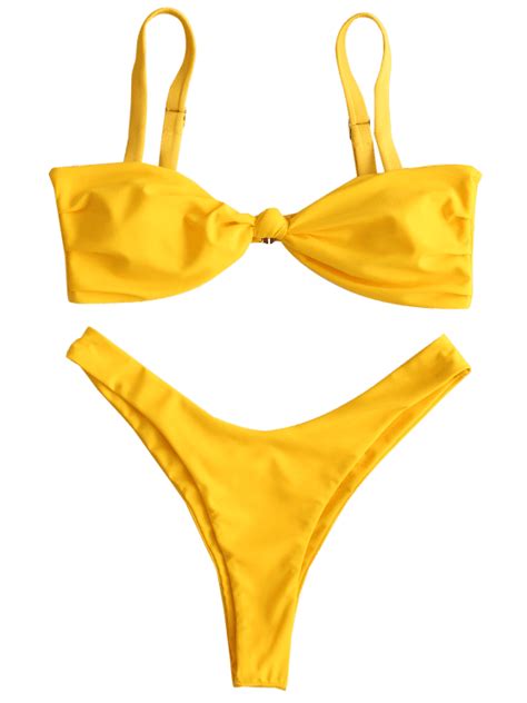 Zaful Knotted Ruched High Leg Bikini Set Bright Yellow High Leg