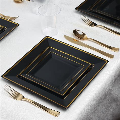 Kaya Collection Square Black And Gold Disposable Plastic Dinnerware