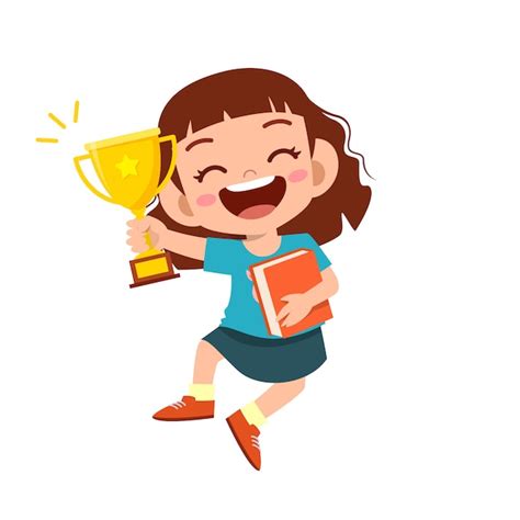 Premium Vector Happy Cute Kid Girl Win Game Gold Trophy